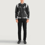 Liberte New Jersey 블랙 Leather Varsity 가죽 자켓 남성용 - Lateral Side Profile View Showing Sleeve Cut &amp; Athletic Taper Fit