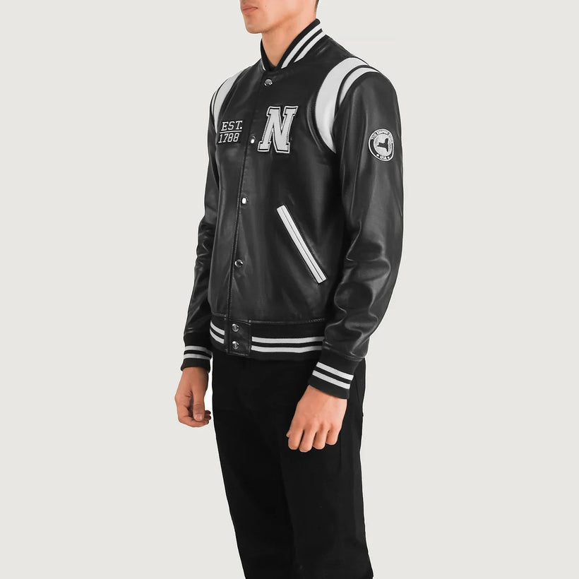 Liberte New York 블랙 Leather Varsity 가죽 자켓 남성용