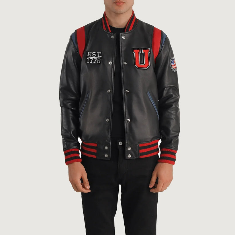 Liberte Usa 블랙 Leather Varsity 가죽 자켓 남성용