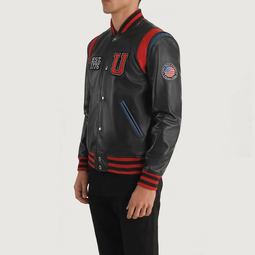 Liberte Usa 블랙 Leather Varsity 가죽 자켓 남성용