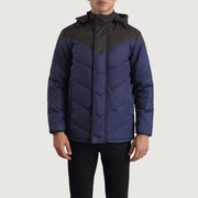 
클로즈업 상세 of Classic Collar & Zipper With Velcro Placket Hardware on Luka 블랙 & 블루 Hooded Puffer 가죽 자켓 남성용