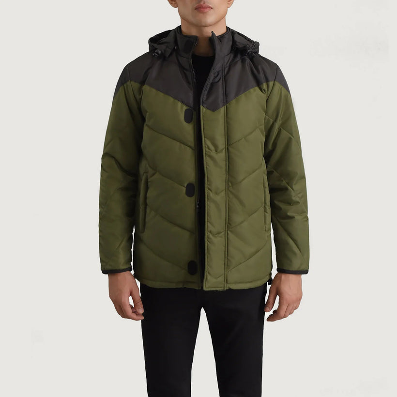 Luka 블랙 & 그린 Hooded Puffer 가죽 자켓 남성용
