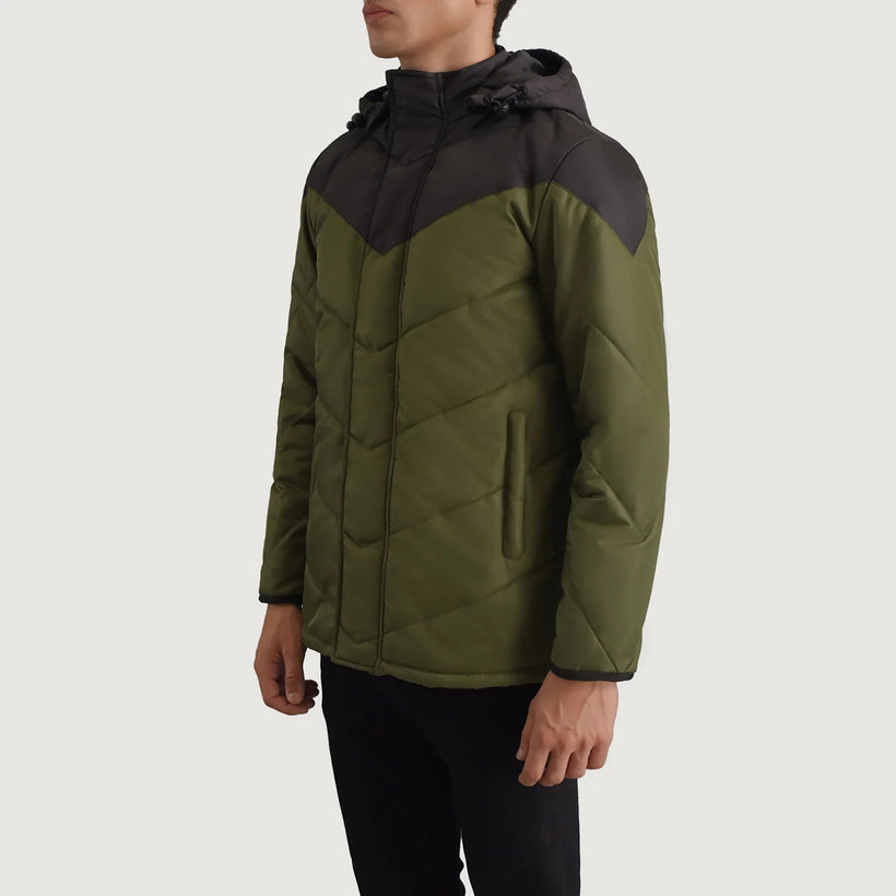 Luka 블랙 & 그린 Hooded Puffer 가죽 자켓 남성용