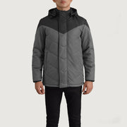 
클로즈업 상세 of Classic Collar & Zipper With Velcro Placket Hardware on Luka 블랙 & Grey Hooded Puffer 가죽 자켓 남성용