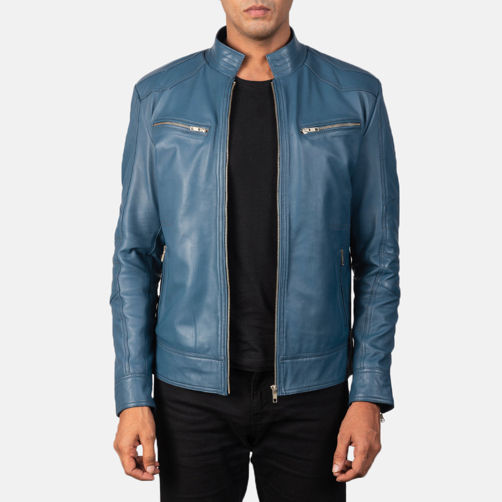 Mack Blue 가죽 라이더 자켓 남성용 in Blue Sheepskin Leather - Front Profile View &amp; Tailored Silhouette | Buy Online