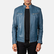 Mack Blue 가죽 라이더 자켓 남성용 in Blue Sheepskin Leather - Front Profile View &amp; Tailored Silhouette | Buy Online