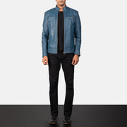 Mack Blue 가죽 라이더 자켓 남성용 - Lateral Side Profile View Showing Sleeve Cut &amp; Athletic Taper Fit