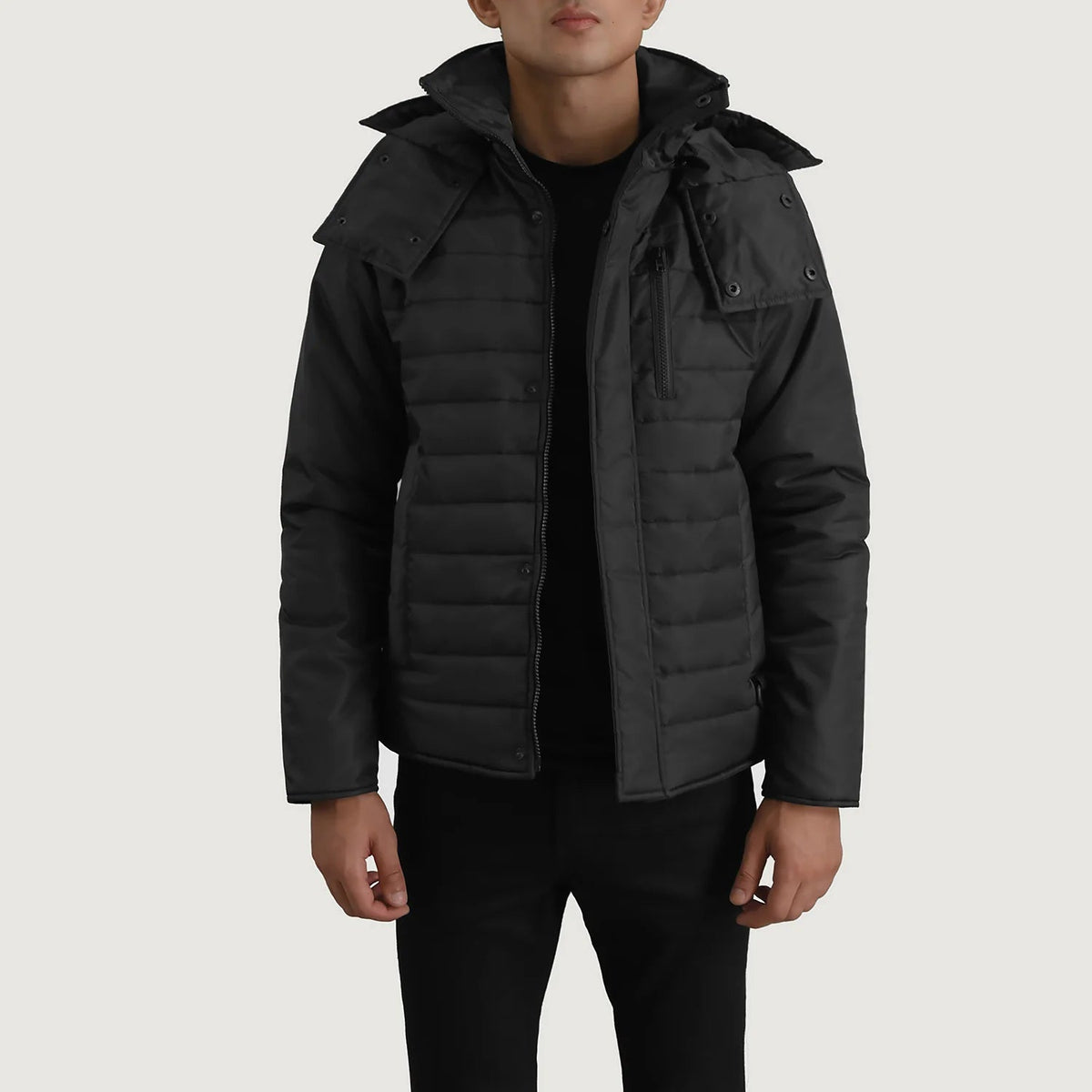 
Malcolm 블랙 Hooded Puffer 가죽 자켓 남성용 블랙 최고급 천연 소가죽 - 정면 스타일 및 테일러드 실루엣 | 공식 온라인 스토어 구매