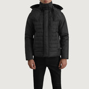 
클로즈업 상세 of Classic Collar & Zipper With Placket Hardware on Malcolm 블랙 Hooded Puffer 가죽 자켓 남성용