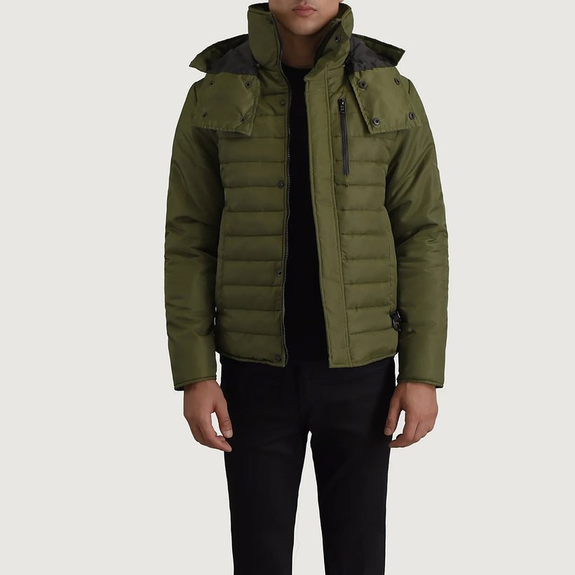 Malcolm 그린 Hooded Puffer 가죽 자켓 남성용