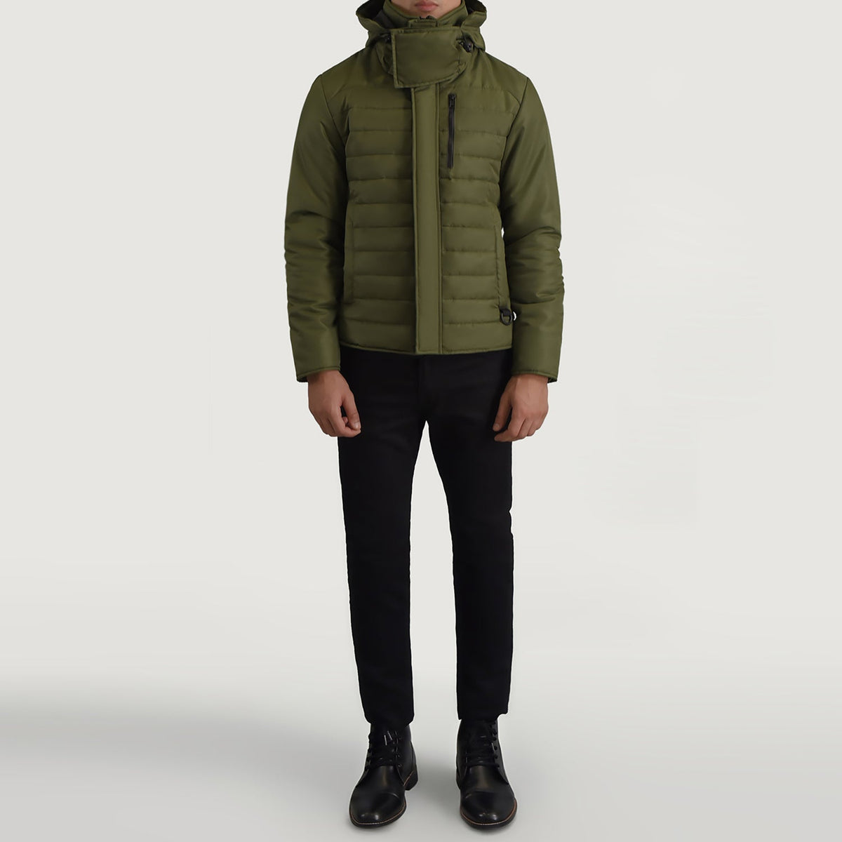 
클로즈업 상세 of Classic Collar & Zipper With Placket Hardware on Malcolm 그린 Hooded Puffer 가죽 자켓 남성용