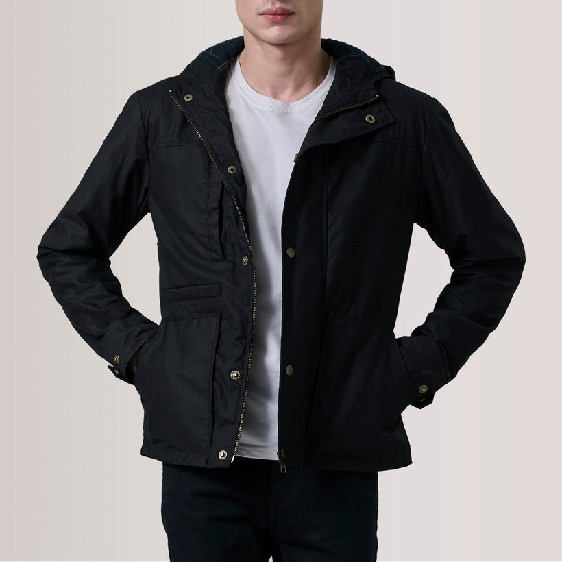 Marlo 블랙 Canvas Hooded Work 가죽 자켓 남성용