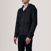 Marlo 블랙 Canvas Hooded Work 가죽 자켓 남성용 For Men - Lateral Side Profile View Showing Sleeve Cut &amp; Athletic Taper Fit