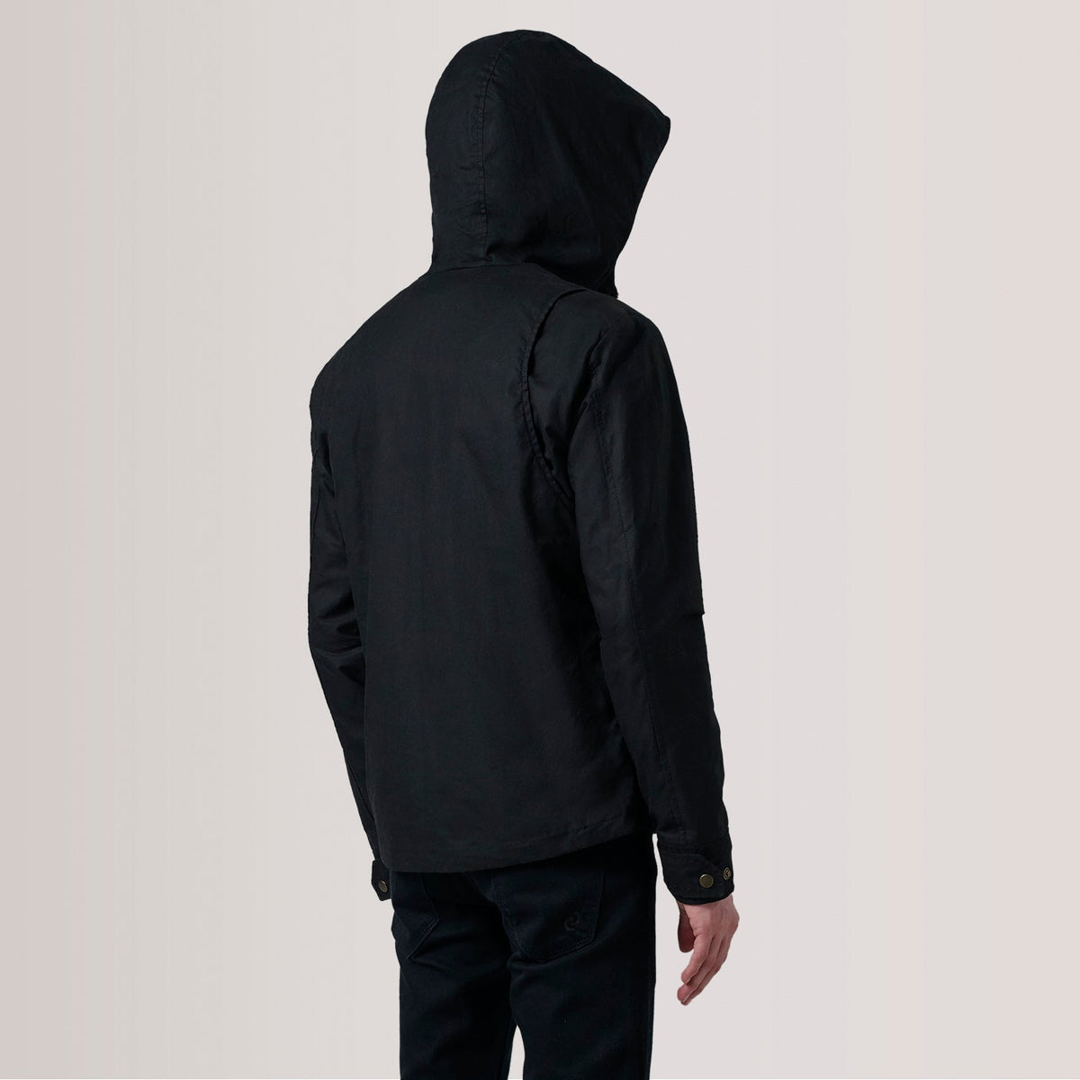 Close-Up Detail of Hooded &amp; Zipper with placket Hardware on Marlo 블랙 Canvas Hooded Work 가죽 자켓 남성용 For Men