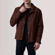 Marlo 브라운 Canvas Hooded Work 가죽 자켓 남성용 For Men in Brown Waxed Cotton Canvas - Front Profile View &amp; Tailored Silhouette | Buy Online
