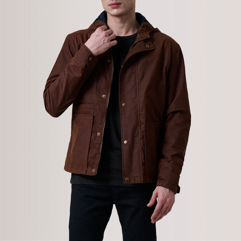 Marlo 브라운 Canvas Hooded Work 가죽 자켓 남성용