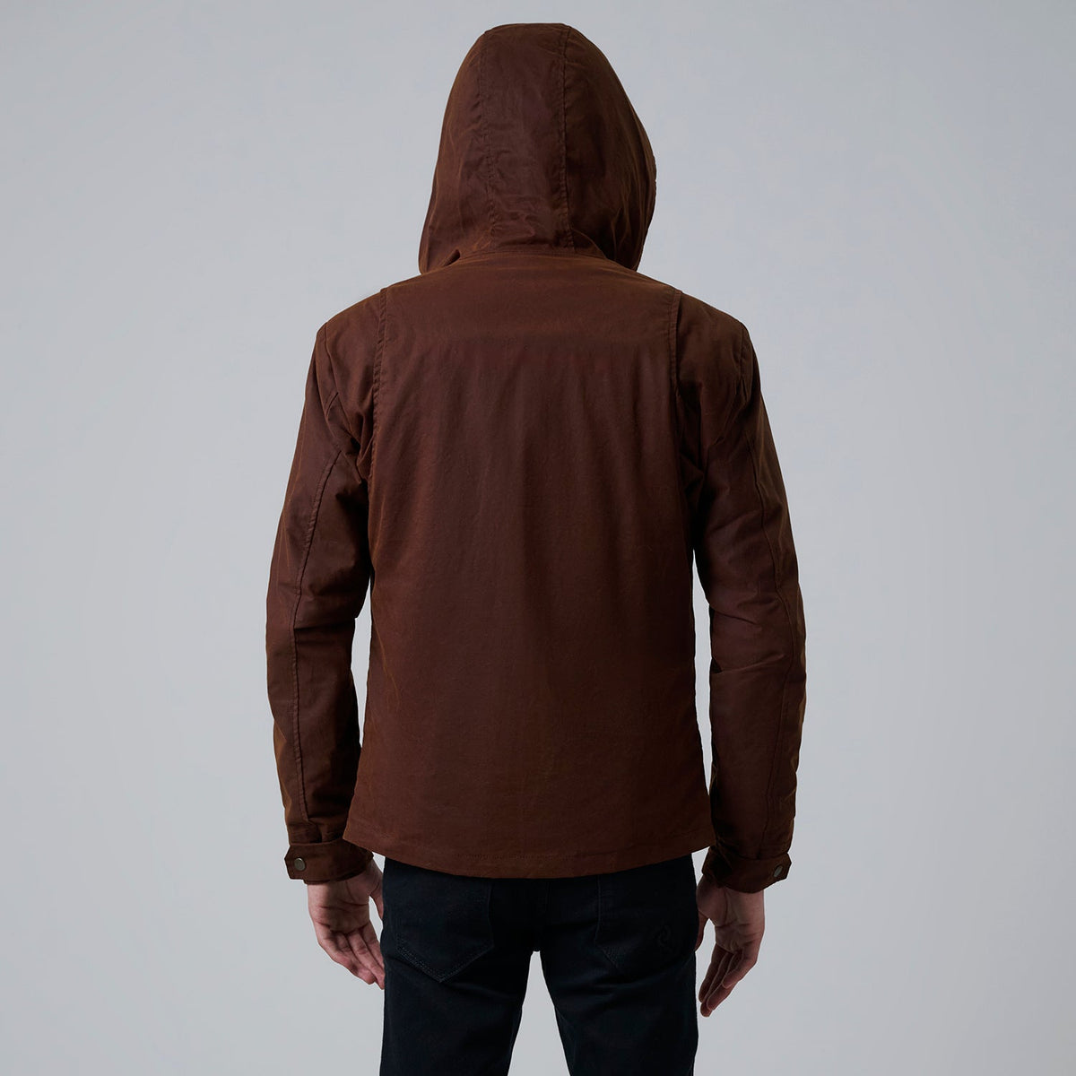 Close-Up Detail of Hooded &amp; Zipper with placket Hardware on Marlo 브라운 Canvas Hooded Work 가죽 자켓 남성용 For Men