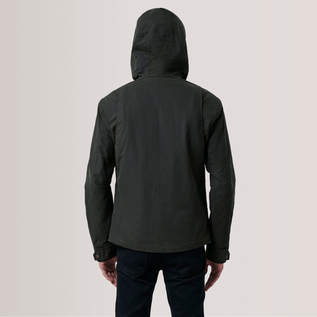 Close-Up Detail of Hooded &amp; Zipper with placket Hardware on Marlo Olive Canvas Hooded Work 가죽 자켓 남성용 For Men