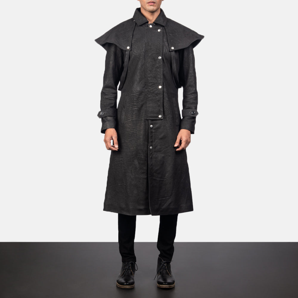 
Maverick 블랙 Leather Duster 남성용 in Distressed Black Sheepskin Snuffed - 정면 스타일 및 테일러드 실루엣 | 공식 온라인 스토어 구매