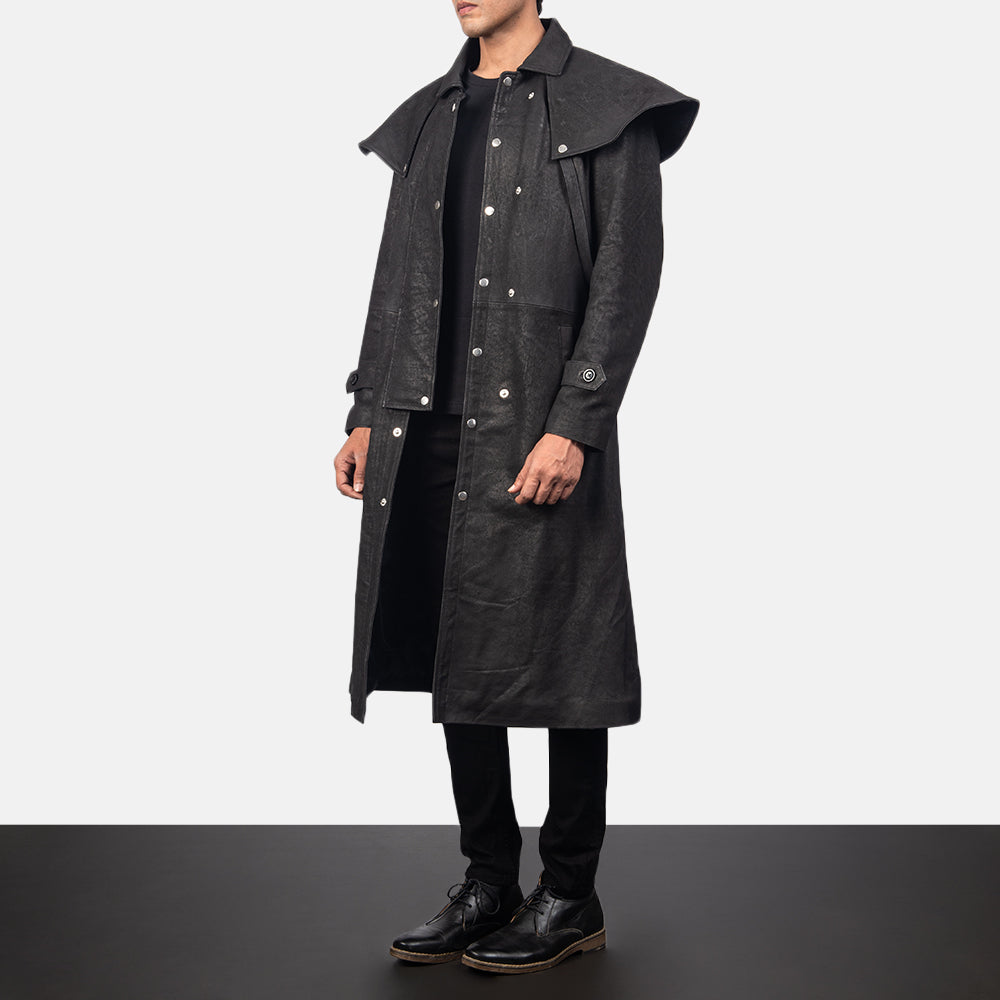 
Distressed Black Sheepskin Snuffed Trench Coat - 어깨 라인과 깔끔한 밑단이 돋보이는 뒷면 뷰