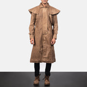 Close-Up Detail of Shirt &amp; Heavy-Duty Zipper Hardware on Men's Maverick 브라운 Leather Duster 남성용