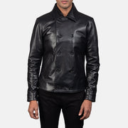 Mod 블랙 Leather Peacoat 남성용 in Black Cowhide Leather - Front Profile View &amp; Tailored Silhouette | Buy Online