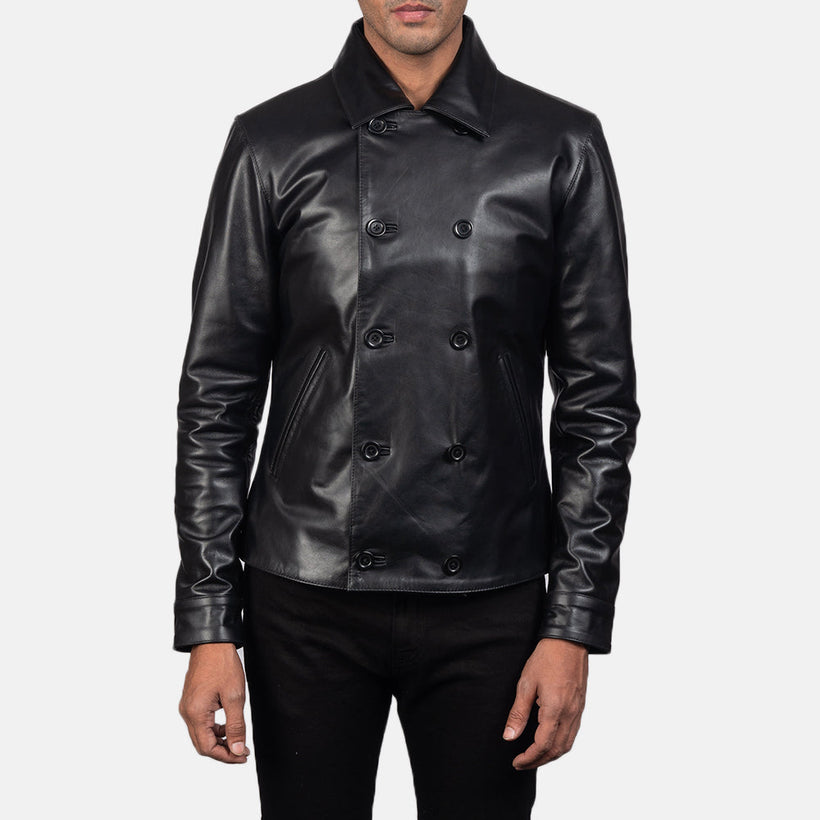 Mod 블랙 Leather Peacoat 남성용