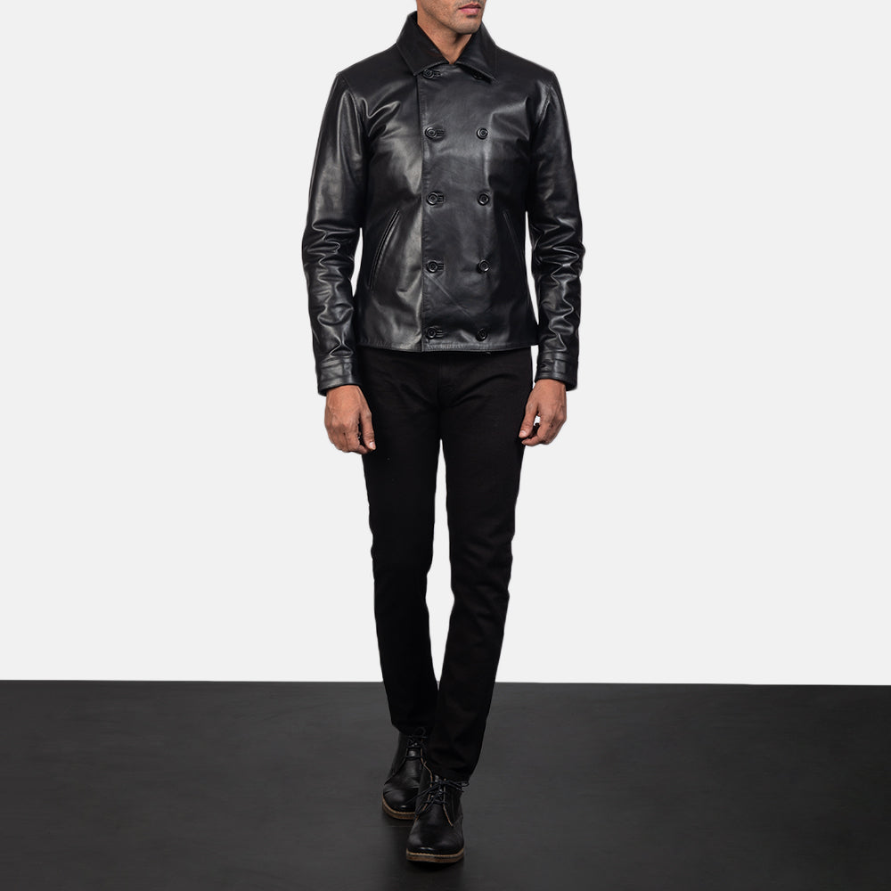 Mod 블랙 Leather Peacoat 남성용 - Lateral Side Profile View Showing Sleeve Cut &amp; Athletic Taper Fit