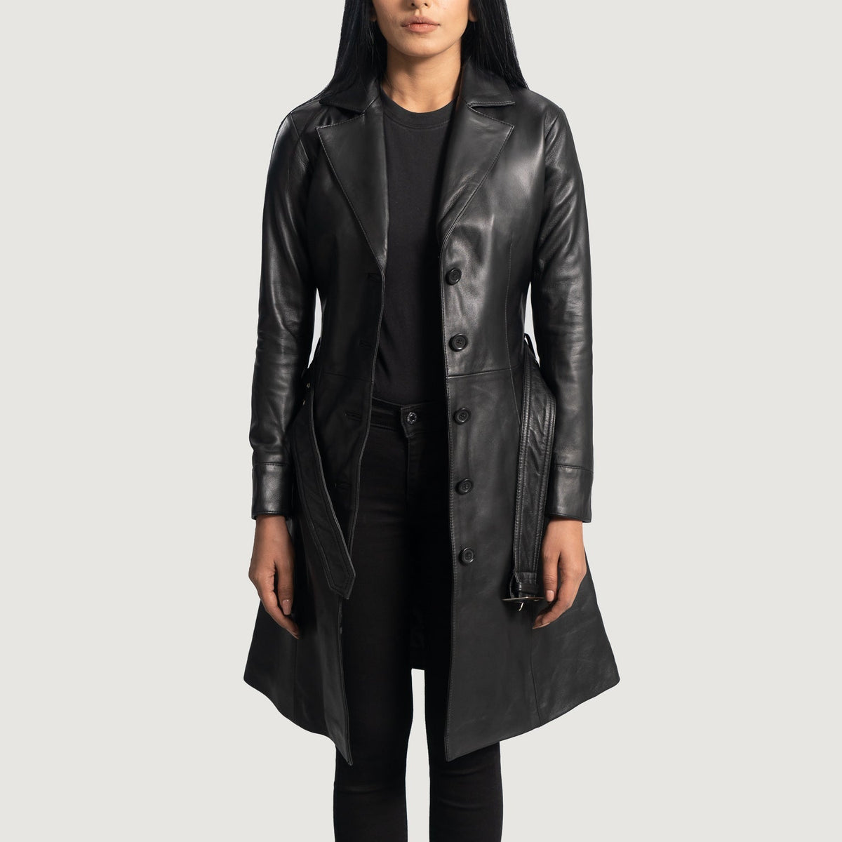 Women's Moonlight 블랙 가죽 트렌치 코트 여성용 in Black Sheepskin Leather - Front Profile View &amp; Tailored Silhouette | Buy Online