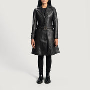 Women's Moonlight 블랙 가죽 트렌치 코트 여성용 - Lateral Side Profile View Showing Sleeve Cut &amp; Athletic Taper Fit