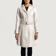 Women's Moonlight Silver 가죽 트렌치 코트 여성용 in Silver Sheepskin Leather - Front Profile View &amp; Tailored Silhouette | Buy Online