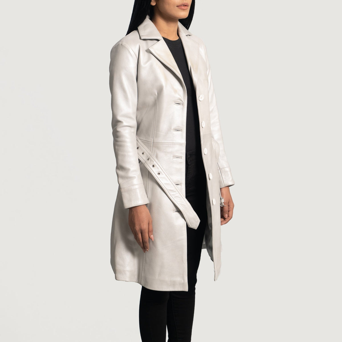 Women's Moonlight Silver 가죽 트렌치 코트 여성용 - Lateral Side Profile View Showing Sleeve Cut &amp; Athletic Taper Fit