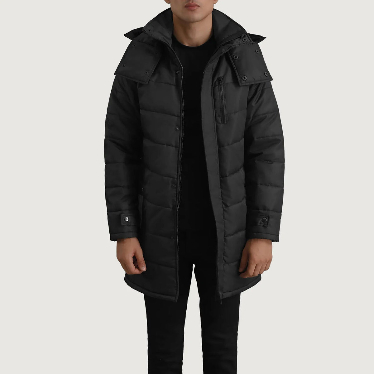 
Moore 블랙 Hooded Parka 남성용 블랙 최고급 천연 소가죽 - 정면 스타일 및 테일러드 실루엣 | 공식 온라인 스토어 구매