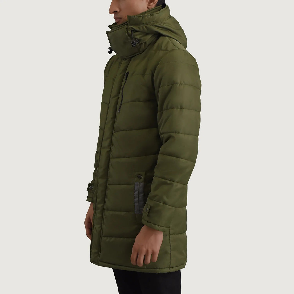
Green Full-Grain Leather Hooded Jacket - 어깨 라인과 깔끔한 밑단이 돋보이는 뒷면 뷰