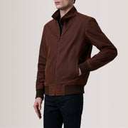 Morrison 브라운 Canvas 가죽 봄버 자켓 남성용 For Men - Lateral Side Profile View Showing Sleeve Cut &amp; Athletic Taper Fit