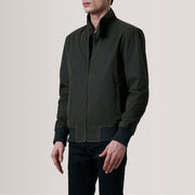 Morrison Olive Canvas 가죽 봄버 자켓 남성용 For Men - Lateral Side Profile View Showing Sleeve Cut &amp; Athletic Taper Fit