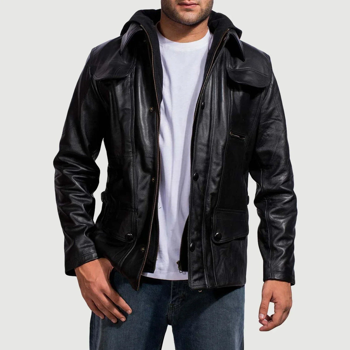 Men's Moulder Hooded 블랙 가죽 자켓 남성용 in Black Cowhide Leather - Front Profile View &amp; Tailored Silhouette | Buy Online