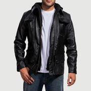 Men's Moulder Hooded 블랙 가죽 자켓 남성용 in Black Cowhide Leather - Front Profile View &amp; Tailored Silhouette | Buy Online