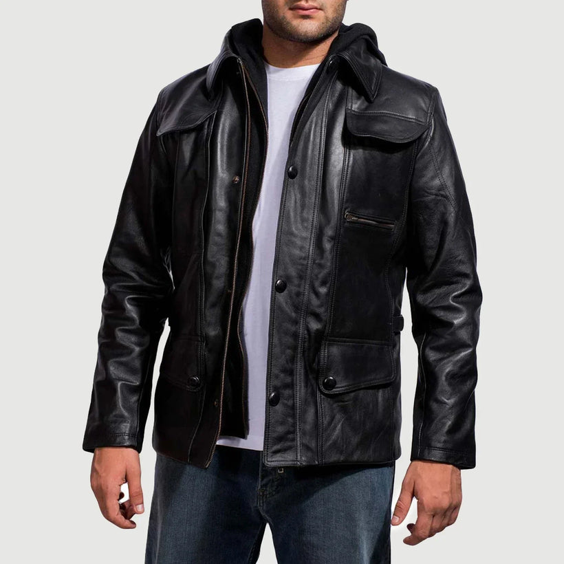 Moulder Hooded 블랙 가죽 자켓 남성용