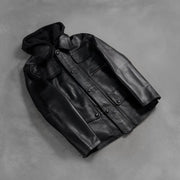 Zipper &amp; Hem Craftsmanship Construction Detail on Men's Moulder Hooded 블랙 가죽 자켓 남성용