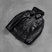Styled Fit Perspective of Men's Moulder Hooded 블랙 가죽 자켓 남성용 on Model - Natural Daylight Drape