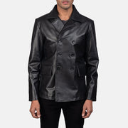 Men's Mr. Bailey 블랙 Leather Naval Peacoat 남성용 in Black Cowhide Leather - Front Profile View &amp; Tailored Silhouette | Buy Online