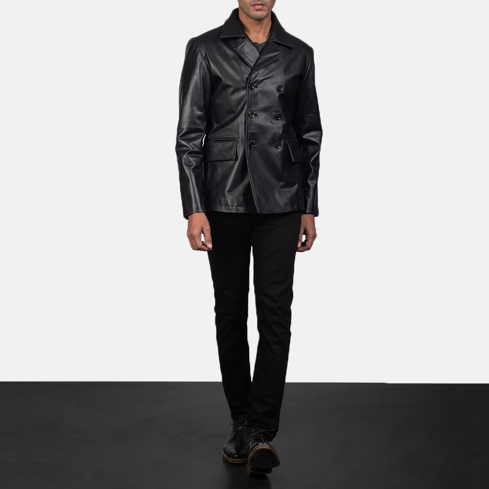 Men's Mr. Bailey 블랙 Leather Naval Peacoat 남성용 - Lateral Side Profile View Showing Sleeve Cut &amp; Athletic Taper Fit