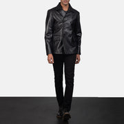 Men's Mr. Bailey 블랙 Leather Naval Peacoat 남성용 - Lateral Side Profile View Showing Sleeve Cut &amp; Athletic Taper Fit