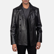 Close-Up Detail of Notch &amp; Buttons Hardware on Men's Mr. Bailey 블랙 Leather Naval Peacoat 남성용