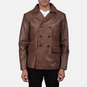 Mr. Bailey 브라운 Leather Naval Peacoat 남성용 in Brown Cowhide Leather - Front Profile View &amp; Tailored Silhouette | Buy Online