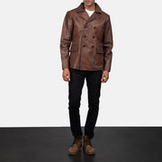 Mr. Bailey 브라운 Leather Naval Peacoat 남성용 - Lateral Side Profile View Showing Sleeve Cut &amp; Athletic Taper Fit