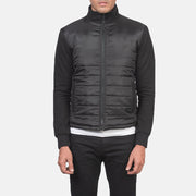 
클로즈업 상세 of High Neck & Zipper with wind flap Hardware on Nashville 퀼팅 블랙 Windbreaker 가죽 자켓 남성용