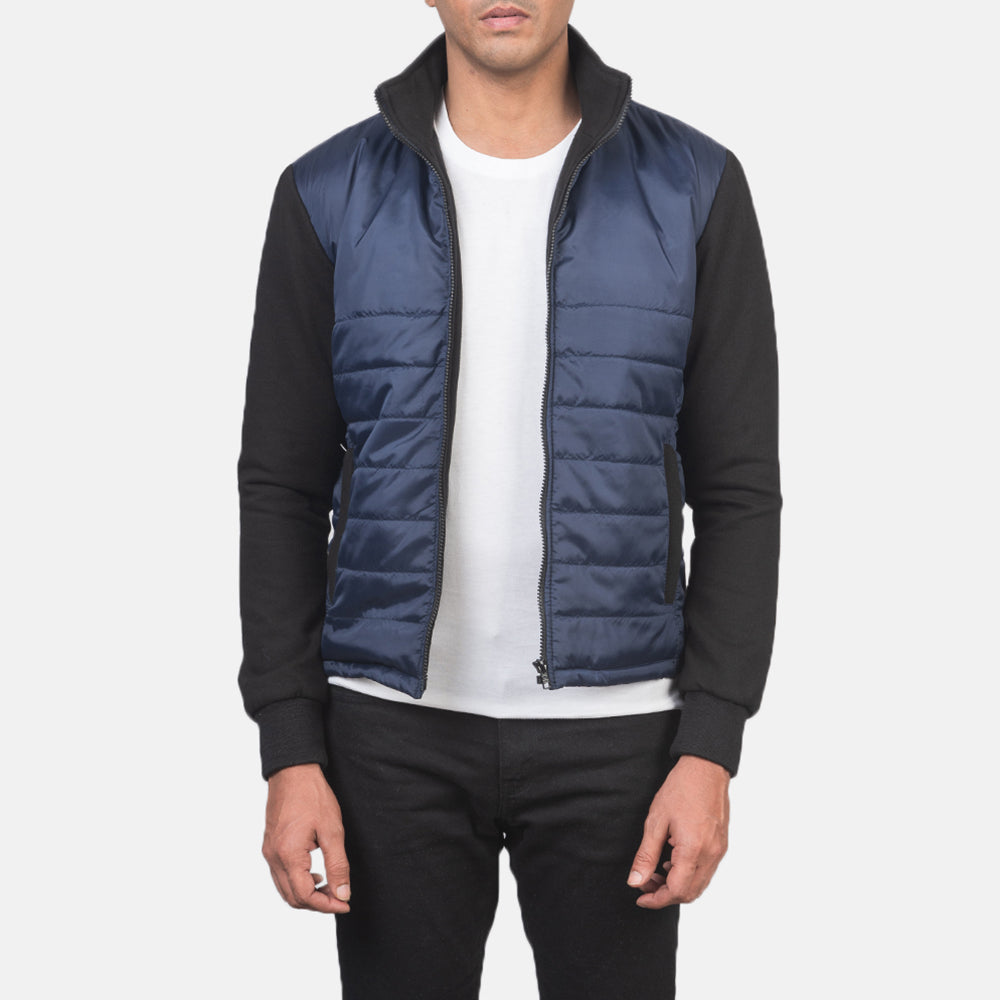 
Nashville 퀼팅 블루 Windbreaker 가죽 자켓 남성용 in Blue & Black Nylon (Torso) &Amp; Knitted Fabric (Sleeves) - 정면 스타일 및 테일러드 실루엣 | 공식 온라인 스토어 구매