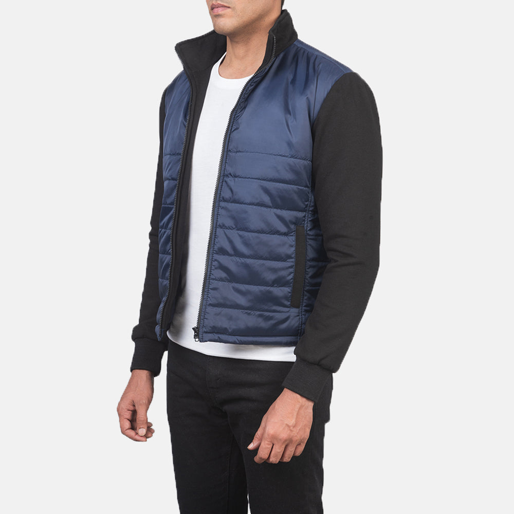 
Blue & Black Nylon (Torso) &Amp; Knitted Fabric (Sleeves) Winter Jacket - 어깨 라인과 깔끔한 밑단이 돋보이는 뒷면 뷰